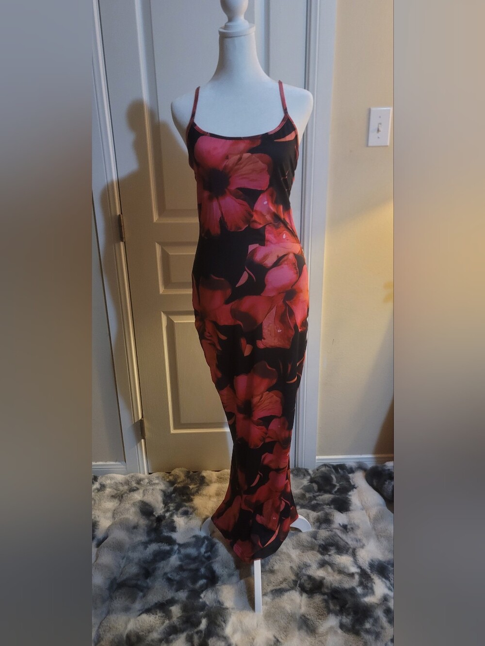Floral Slip Maxi Dress - Black with Pink Floral